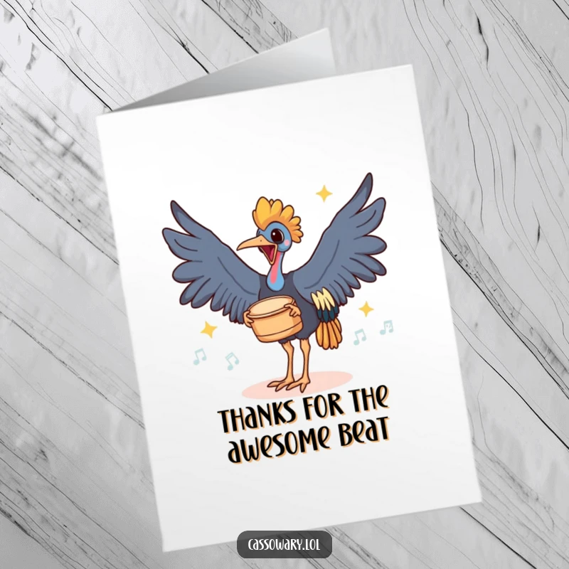 Funny Free Printable Thank You Card: A cassowary drumming its feet happily, cartoon style, excellent downloadable gift.