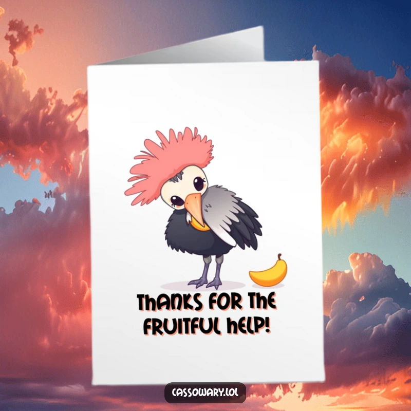 Funny Free Printable Cassowary Thank You Card: Bird nudging a mango, showing thanks with humor.