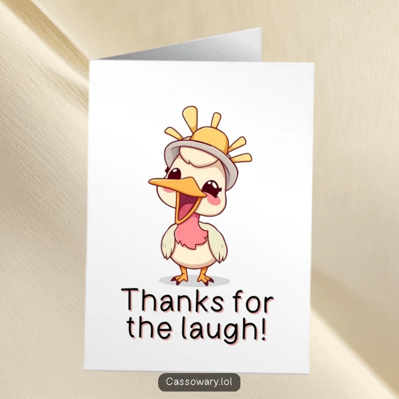 Funny Free Printable Giggling Cassowary Thank You Card: Bird wearing a silly hat, giggling with heartfelt thanks.