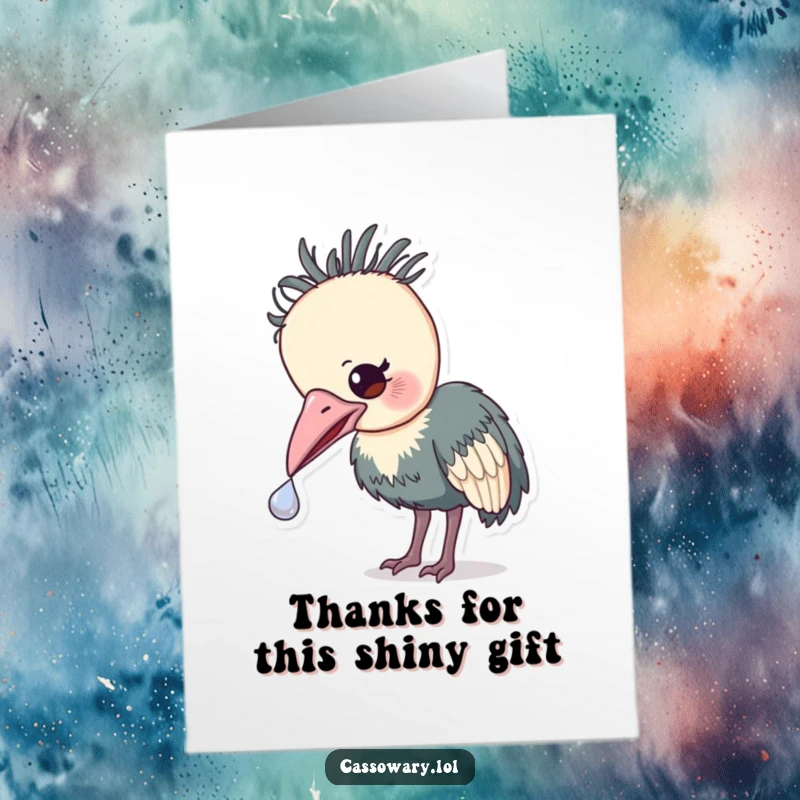 Funny Free Printable Cassowary Thank You Card, beak gently touching a small shiny item, thoughtful discovery.