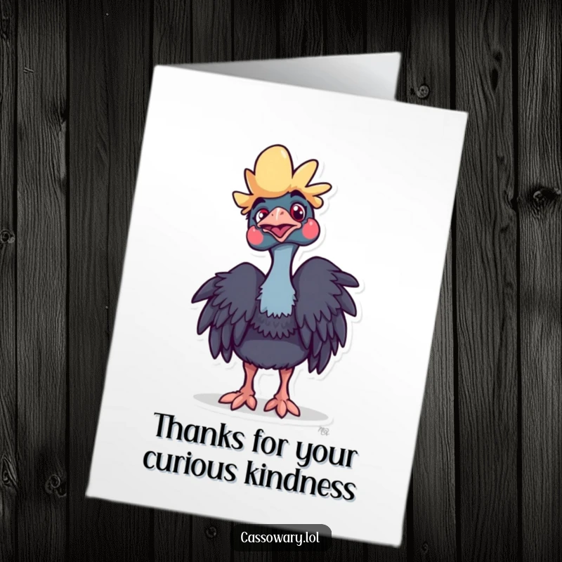 Funny Free Printable Thank You Card featuring a curious cassowary with a playful, inquisitive head tilt.