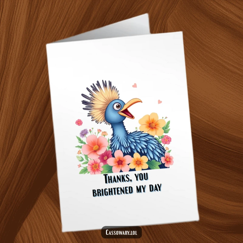 Funny Free Printable Thank You Card: A cassowary squawking happily surrounded by flowers, cartoon, perfect downloadable gift.