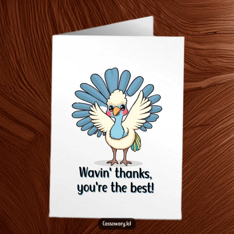 Funny Free Printable Thank You Card: a kawaii cassowary offers a friendly wave, conveying heartfelt thanks.
