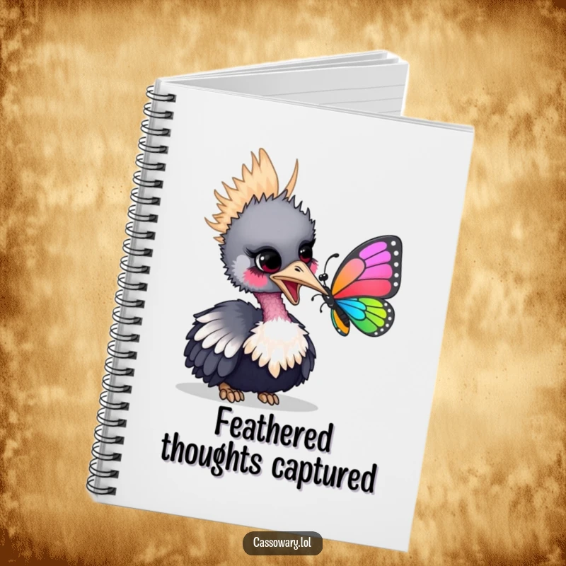 Funny notebook with a cassowary gently nudging a colorful butterfly with its beak, ideal for journaling or sketching.
