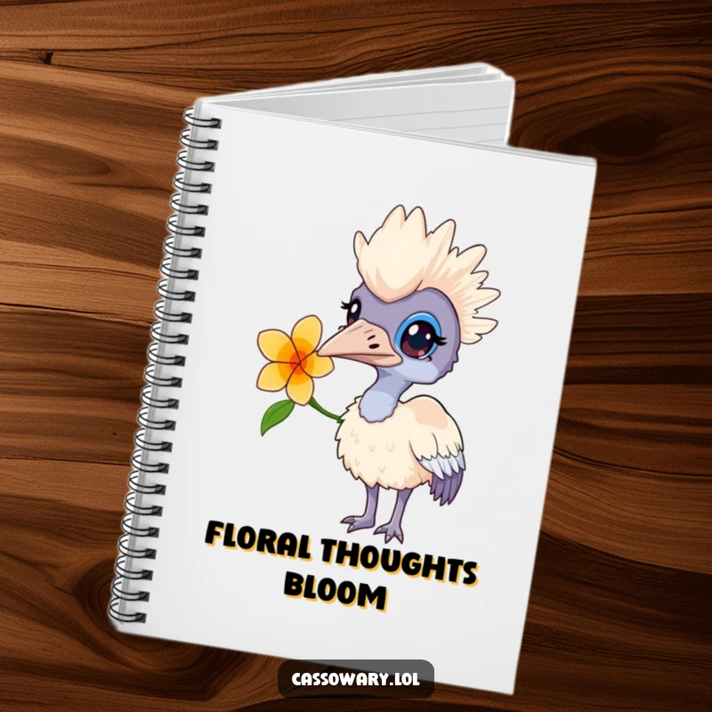 Funny notebook with a curious cassowary wearing a flower, great for notes, ideas, and pondering life's mysteries.