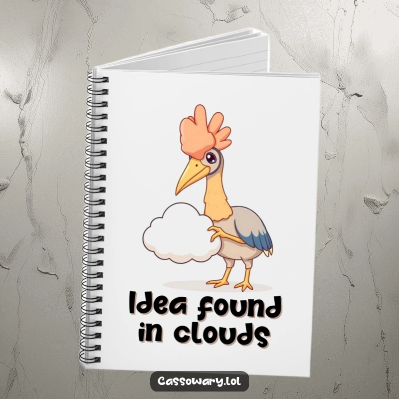 Funny notebook illustration of a cassowary reaching a claw towards a soft cloud, ideal for jotting down creative and whimsical notes.