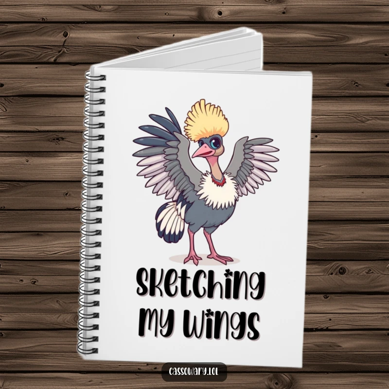 Funny cassowary notebook featuring a bird with wings slightly raised, ready for flight, a humorous prompt for your notes.