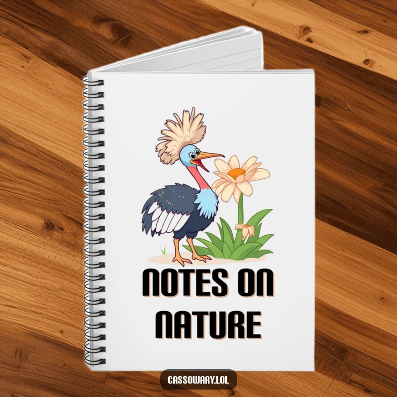 Funny cassowary bird looking enthusiastically at a giant flower on a humorous notebook cover.