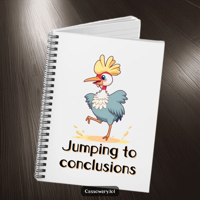 Funny cassowary notebook, a bird joyfully leaping and kicking up dust, ideal for note-taking with energetic and humorous flair.