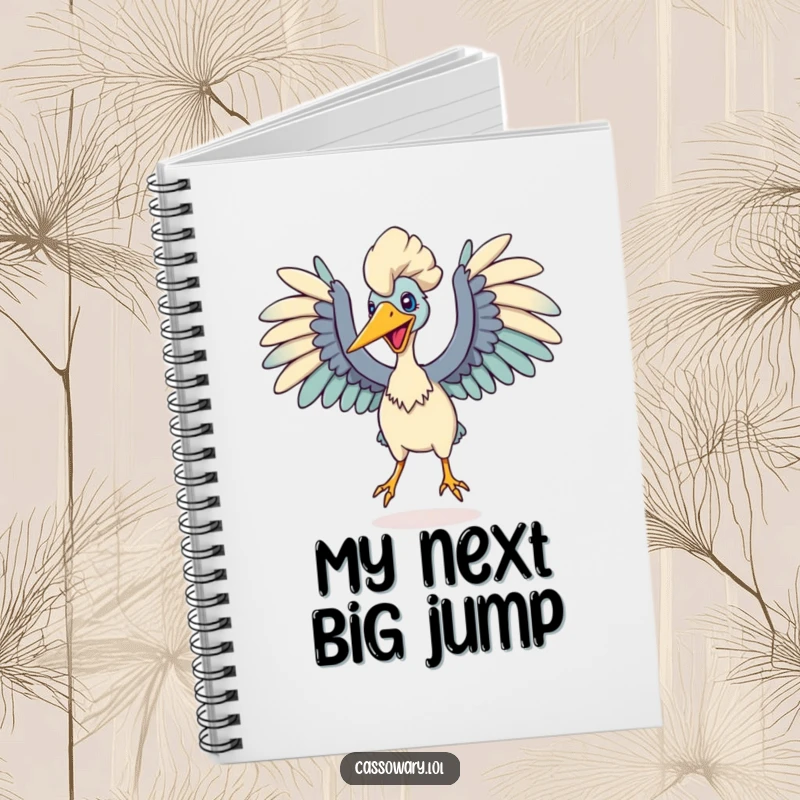 Funny notebook showing a cassowary with wings spread wide, ready to leap, ideal for planning ambitious projects and note-taking.