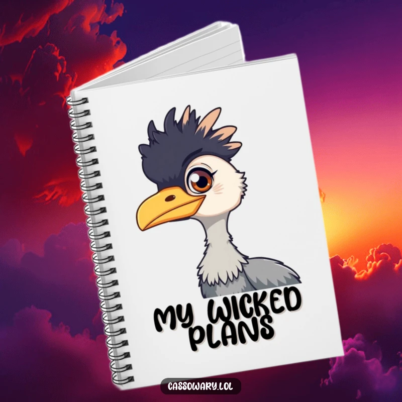 Funny cassowary notebook, a journal cover with a cassowary bird showing a playful gleam in its eye, ideal for jotting down witty ideas.