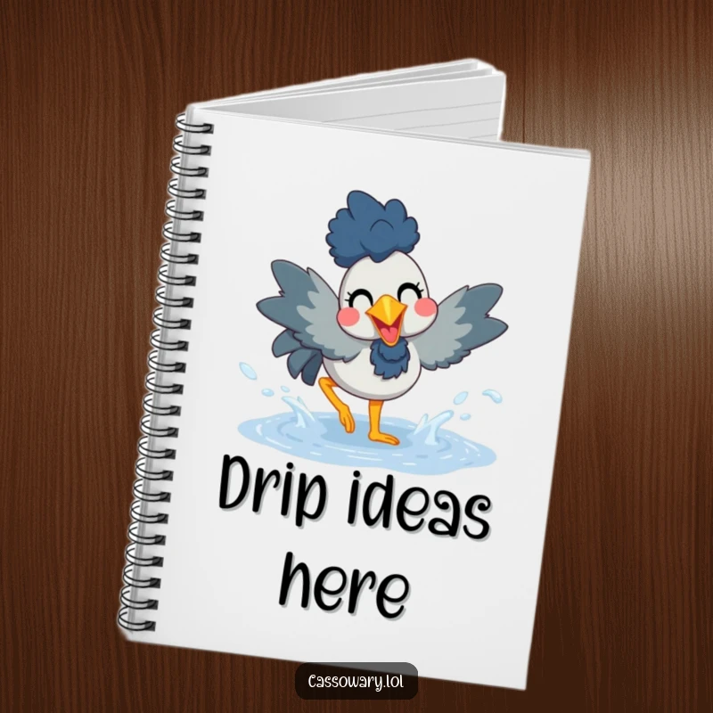 Funny notebook with a cassowary joyfully splashing in a puddle, great for notes, ideas, and happy thoughts.
