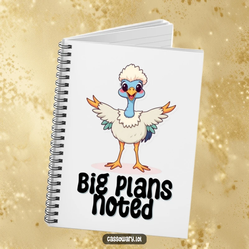 Funny cassowary notebook, a happy cassowary stands with legs spread wide, perfect for jotting down notes and bold ideas.