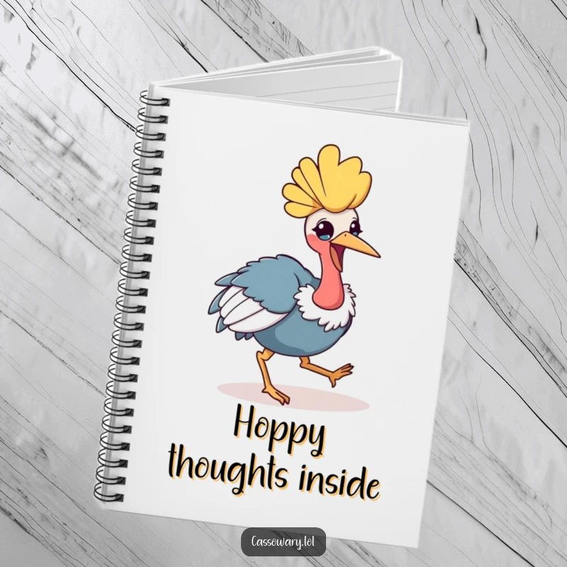 Funny kawaii cassowary notebook with a cheerful bird mid-hop, perfect for writing, drawing, and capturing creative thoughts.