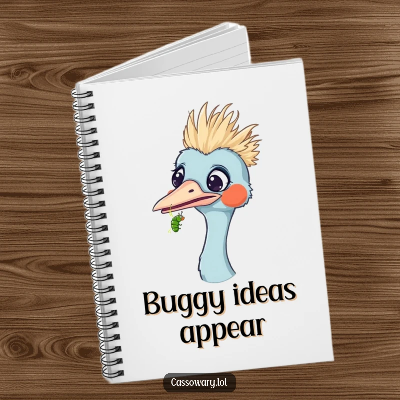 Funny notebook with a cassowary looking surprised as a tiny caterpillar crawls on its beak, great for notes and surprises.