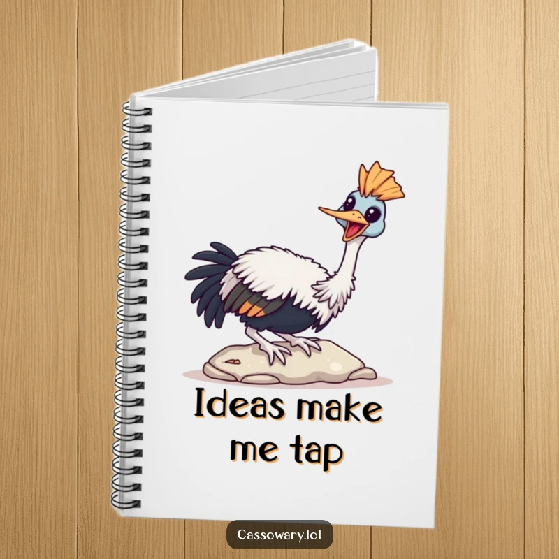 Funny Cassowary Notebook featuring a bird joyfully tapping its beak on a stone, perfect for jotting notes.