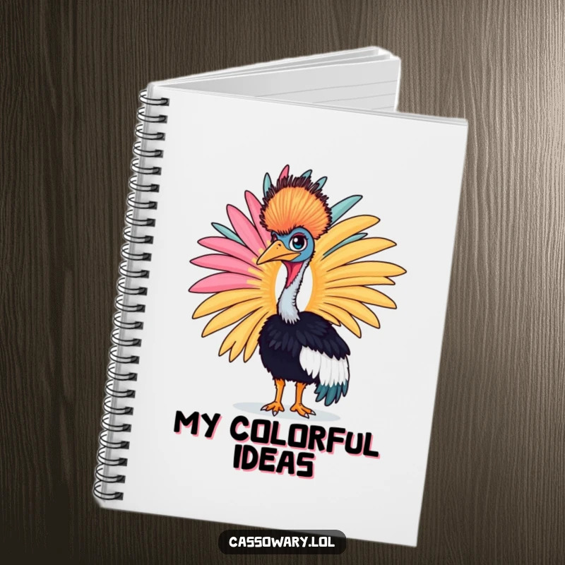 Funny cassowary notebook with a proud bird displaying a large, colorful feather, for creative notes.