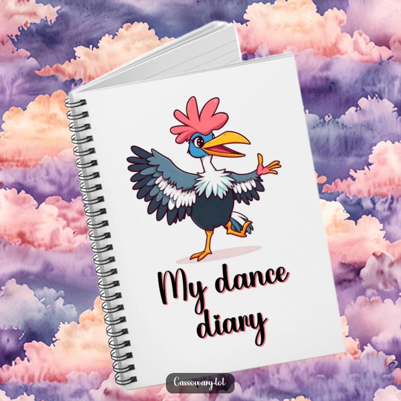 Funny cassowary notebook featuring a vibrant, dancing bird with a playful grin, ideal for capturing ideas with a fun vibe.