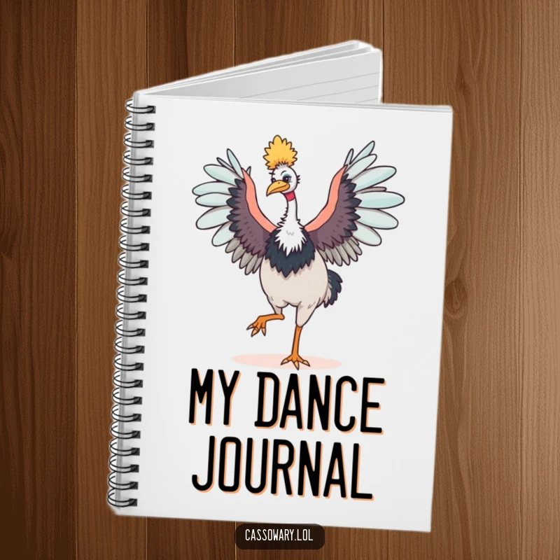 Funny cassowary notebook with a happy bird dancing with outstretched wings, perfect for notes with a touch of humor and energy.