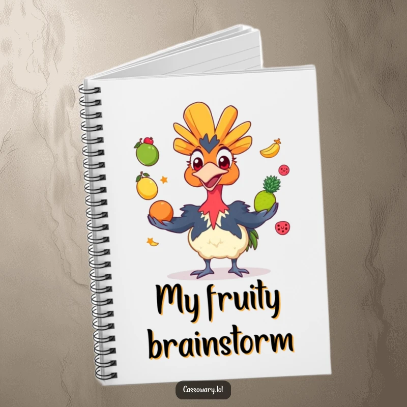 Funny cassowary notebook with a grinning bird juggling colorful fruits, perfect for notes and ideas with a splash of humor.