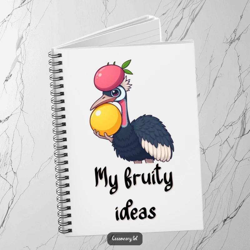 Funny Cassowary notebook featuring a cassowary balancing a large fruit on its head, ideal for note-taking with a humorous theme.
