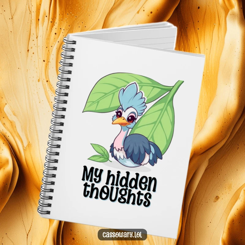 Funny cassowary notebook with a cheerful bird peeking from behind a large leaf, perfect for notes with a touch of humor.