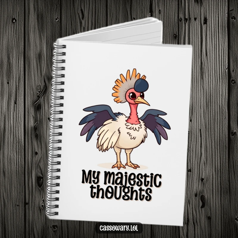 Funny cassowary notebook with a proud bird striking a pose and colorful neck feathers, ideal for writing and sketching.