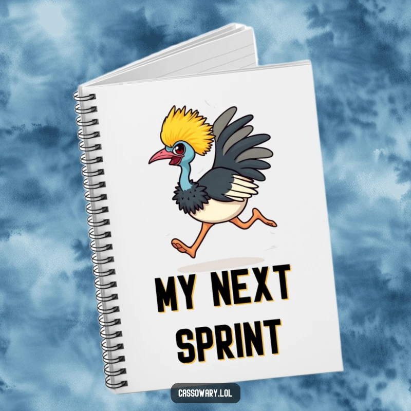 Funny cassowary notebook featuring a determined bird running energetically, perfect for jotting down ideas with a humorous touch.