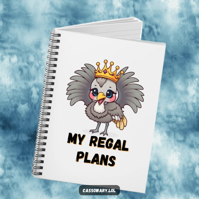 Funny cassowary wearing a crown, parading proudly, humorous notebook.