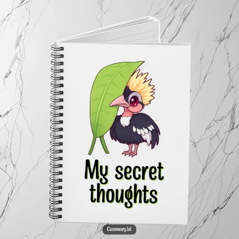 Funny cassowary notebook, a curious bird peeking from a leaf, ideal for jotting down notes with a touch of jungle humor.