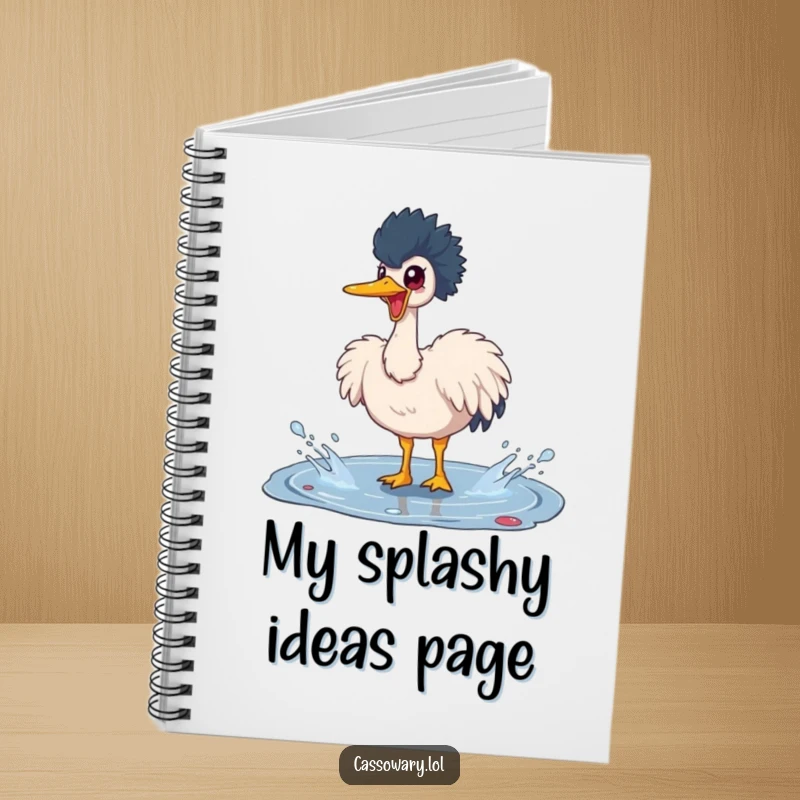 Funny cassowary notebook with a joyful bird splashing in a puddle, perfect for note-taking with a splash of humor and art.