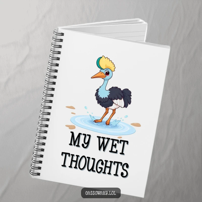 Funny cassowary notebook with a bird playfully splashing in a small puddle with a happy splash, for jotting fun ideas.