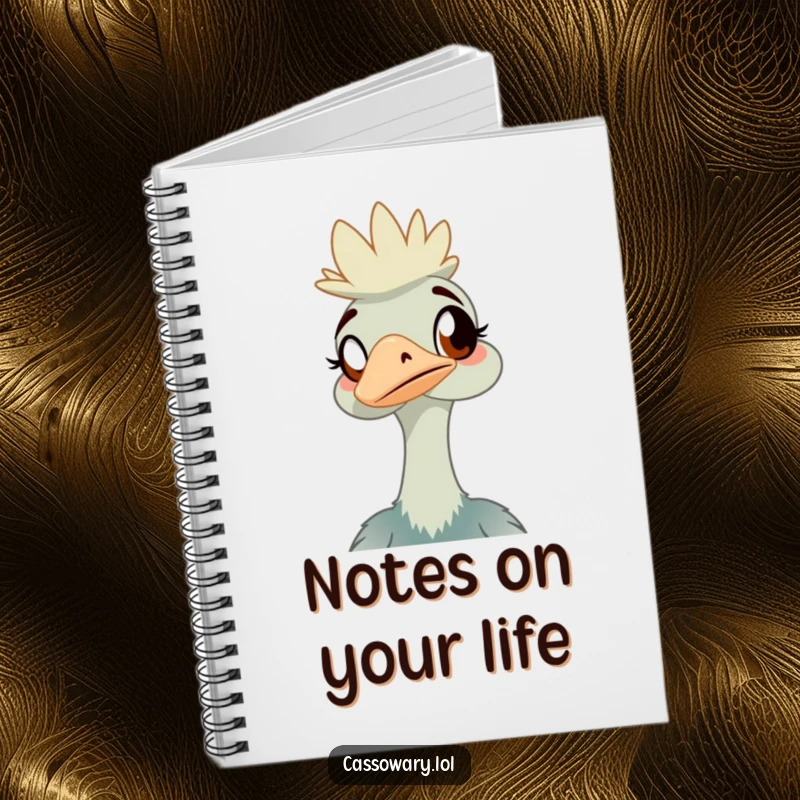 Funny cassowary notebook with an amused bird cover, perfect for capturing ideas, notes, or doodles with a humorous touch.