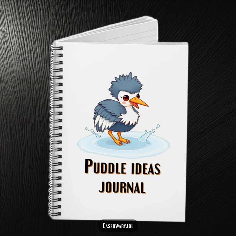 Funny notebook with a kawaii cassowary splashing in a puddle, inspiring creativity and playful thoughts for all your writing needs.