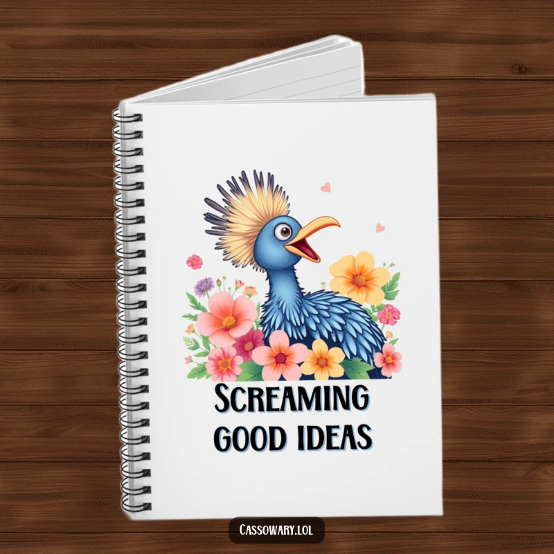 Funny notebook with a cassowary joyfully squawking surrounded by vibrant flowers, perfect for journaling or creative writing.