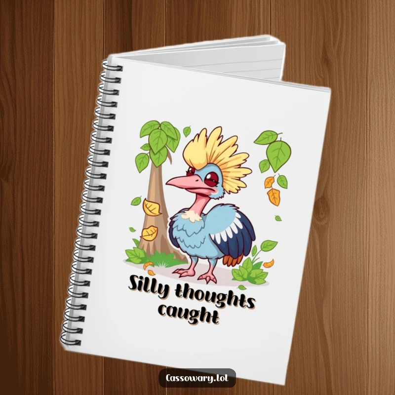 Funny notebook with a cassowary making a silly face while trying to catch a falling leaf, great for notes and silly ideas.