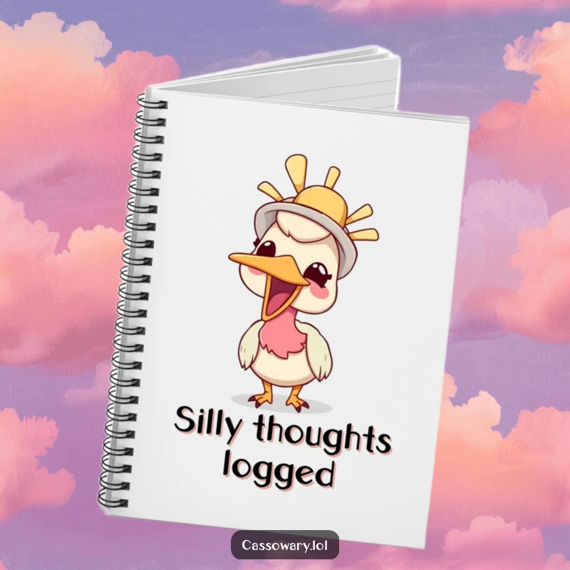 Funny notebook with a cassowary giggling while wearing a silly hat, designed for capturing thoughts with cheerful humor.
