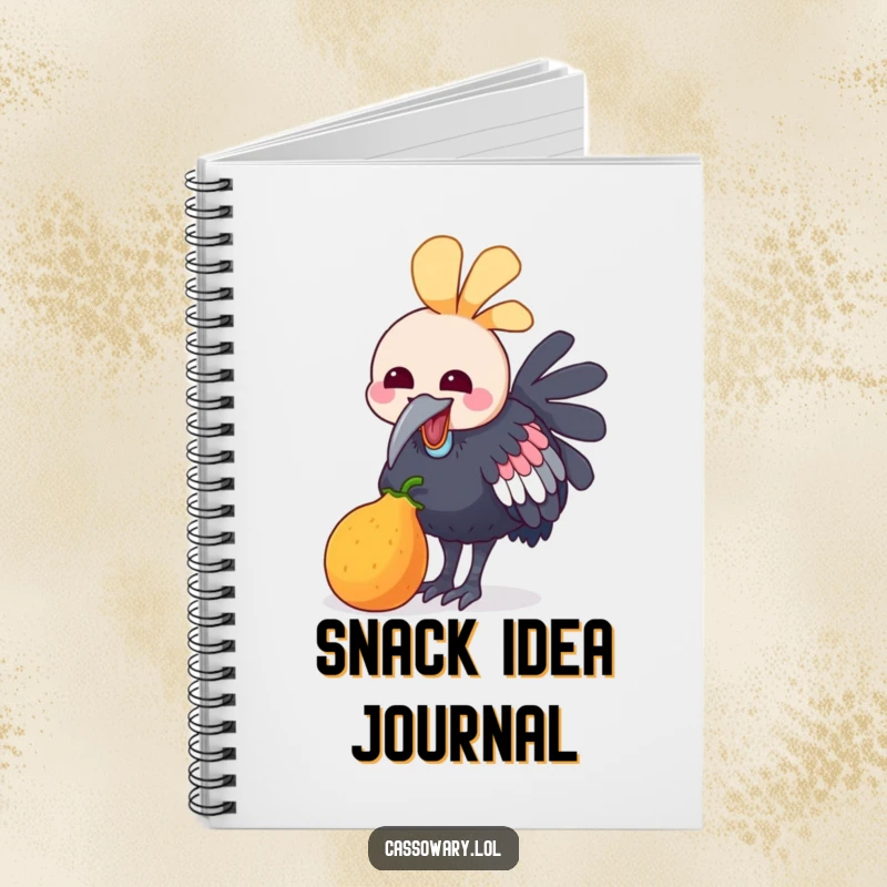 Funny notebook featuring a kawaii cassowary joyfully pecking at a small, colorful fruit, inspiring happy thoughts and creative writing.