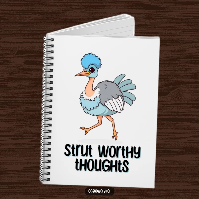 Funny notebook featuring a kawaii cassowary strutting proudly with its chest puffed out, inspiring bold writing and confident thoughts.
