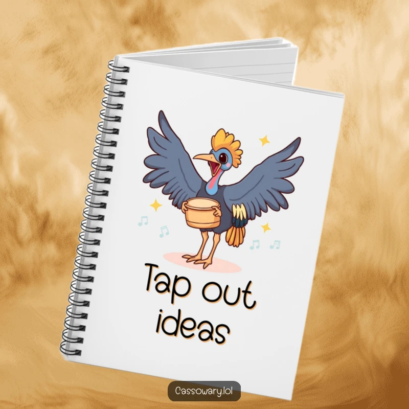 Funny notebook with a cassowary joyfully drumming its feet on the ground with rhythmic thuds, great for notes or lyrics.