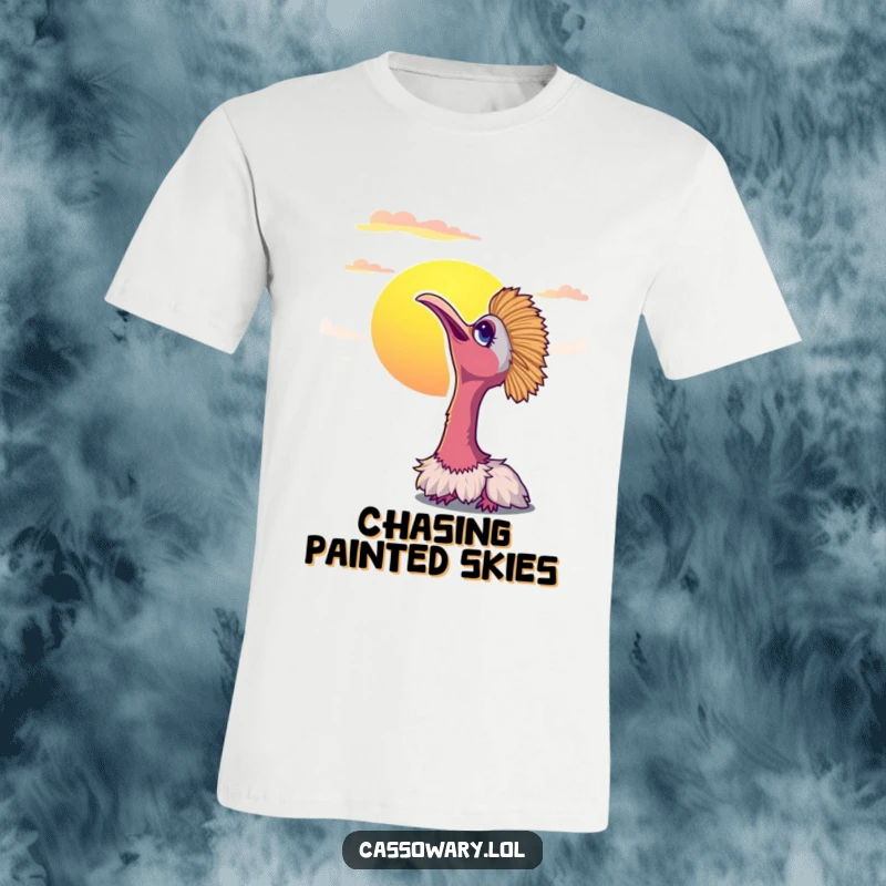 Funny cassowary t-shirt depicting a bird contentedly looking up at a vibrant sunset. Great for relaxation.