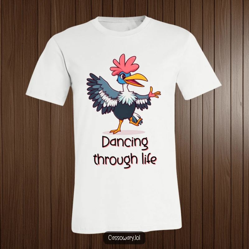 Funny cassowary t-shirt showing a vibrant bird with a playful grin, performing a fancy dance move, making it a fun gift.