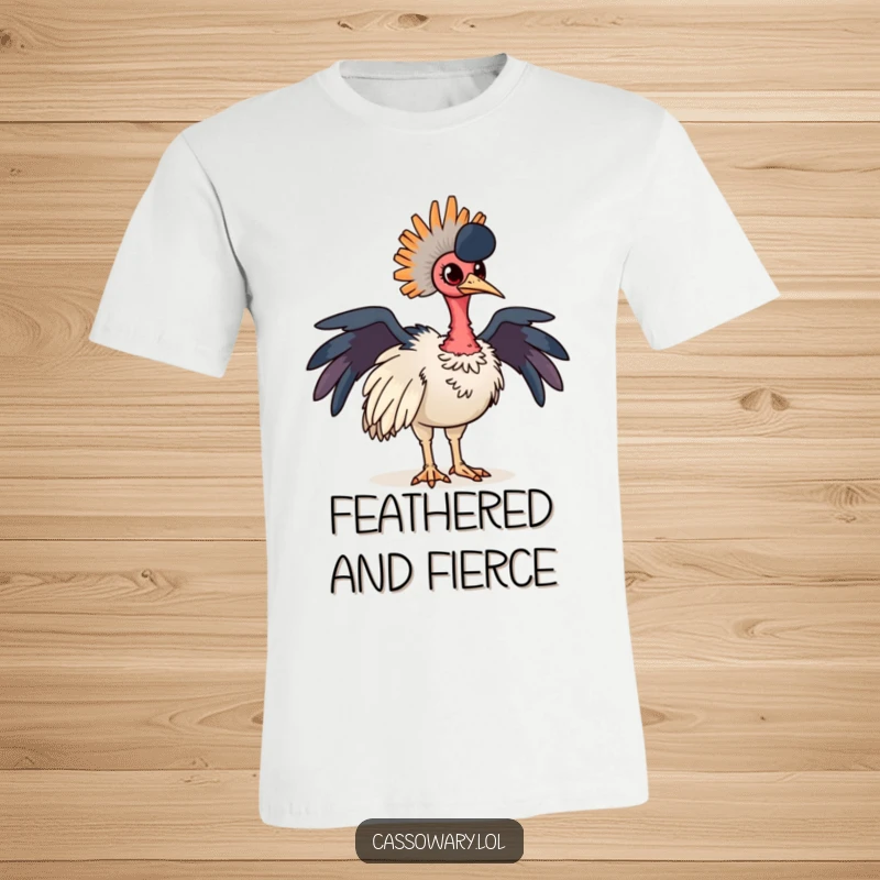 Funny cassowary t-shirt with a proud bird striking a bold pose, highlighting its vibrant, colorful neck feathers. Great for animal lovers.