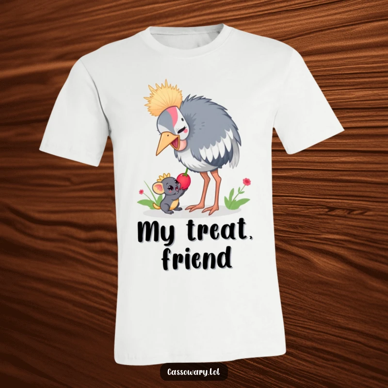 Funny cassowary t-shirt graphic of a cassowary sharing a juicy berry with a small jungle creature, emphasizing kindness.