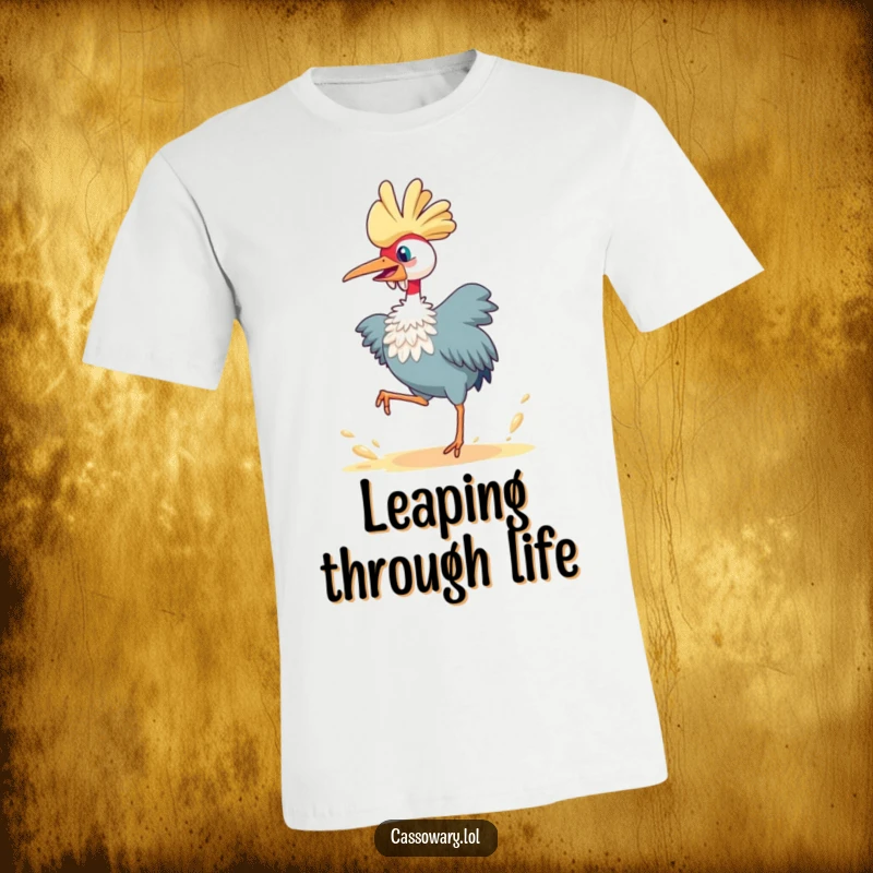 Funny cassowary t-shirt, a bird joyfully leaping with legs extended, kicking up a dust cloud, representing pure exhilaration.