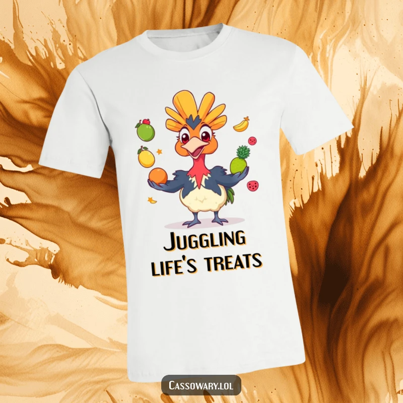 Funny cassowary t-shirt featuring a grinning bird expertly juggling colorful fruits, radiating happiness and a playful spirit.