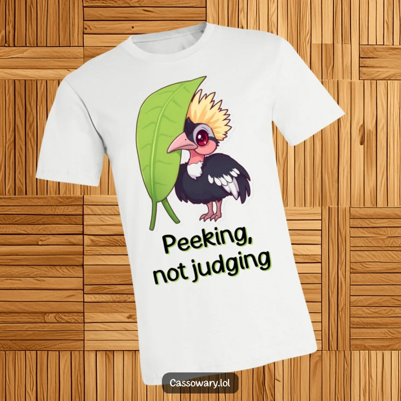 Funny cassowary t-shirt, a curious bird peeking through a lush green leaf, highlighting its playful and inquisitive nature.