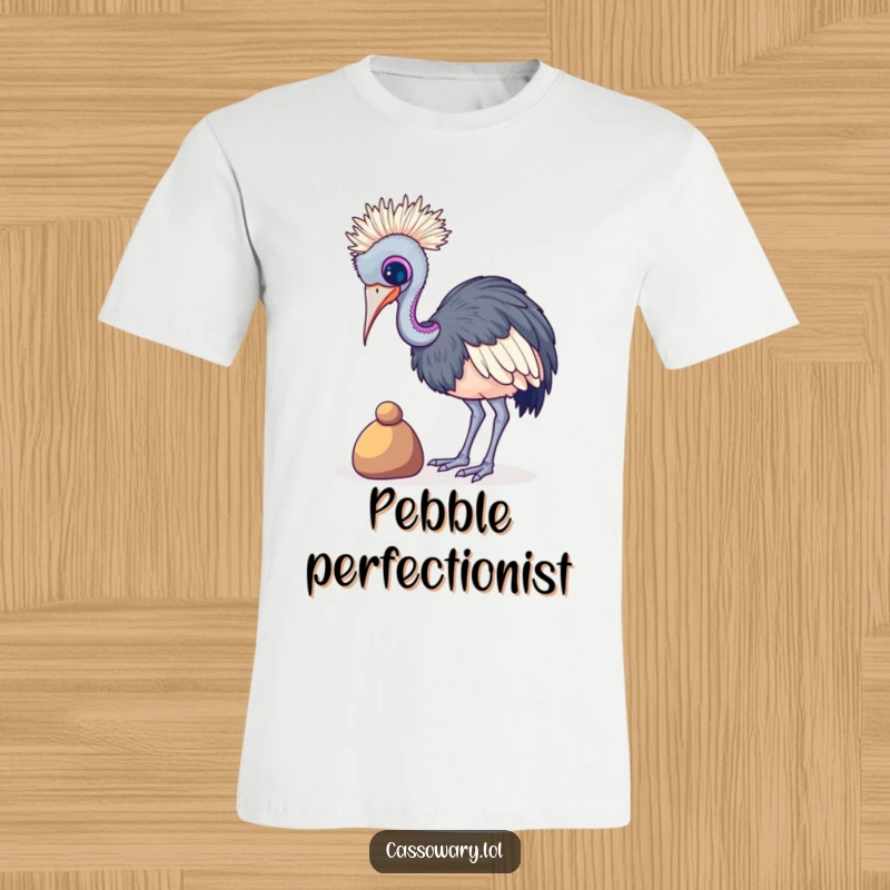 Funny Cassowary Pebble Balance T-Shirt: A cassowary hilariously attempting to balance a small pebble, showcasing effort. Funny gift.