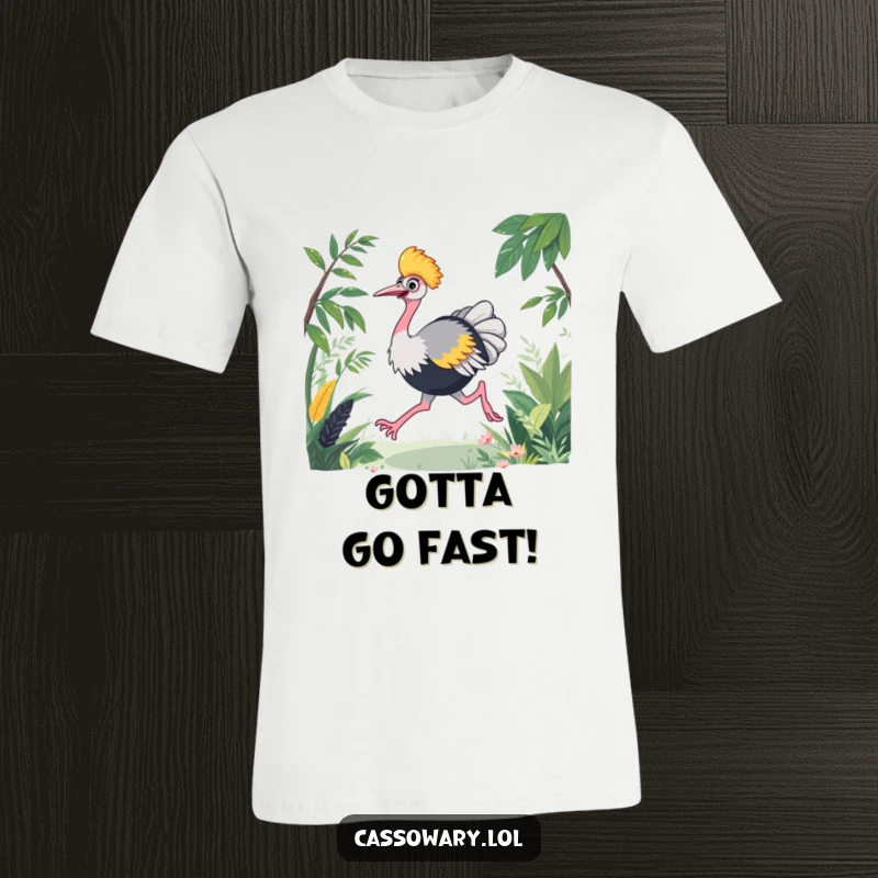 Funny cassowary t-shirt showing a joyful bird energetically racing through dense green foliage, perfect for active people.