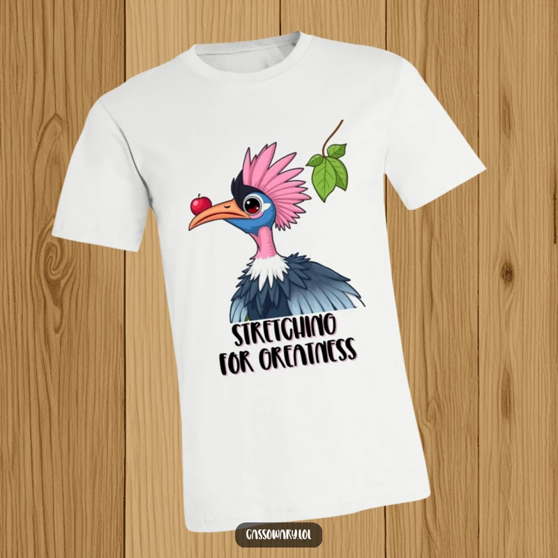 Funny cassowary t-shirt depicting a bird with an extended neck, stretching to grab a berry, symbolizing effort and humor.